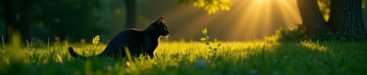 Fototapeta premium Shadowy cat, dew-kissed grass, nocturnal ambiance, darkness, shadow