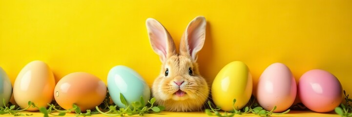Obraz premium Smiling bunny face encircled by vibrant Easter eggs on sunny yellow backdrop, easter eggs, spring celebration, bright