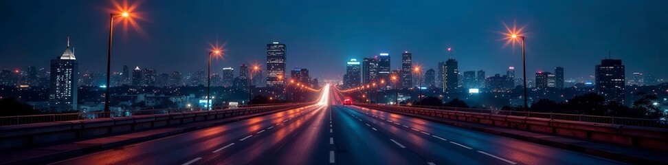 Fototapeta premium Night view of Bangkok's cityscape, empty road in front, lights, night photography