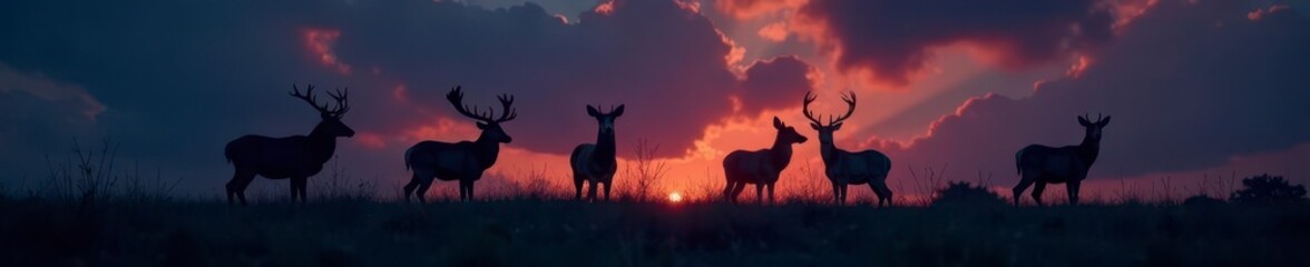 Several dark deer silhouettes in a field, night scene, ranch, farm