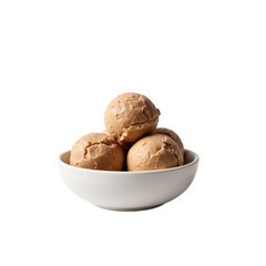 Three scoops of creamy peanut butter ice cream in a white bowl.