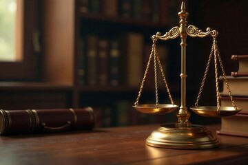 Golden scales of justice amidst leather-bound books, richly appointed study, regal, jurisprudence