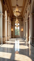 Obraz premium Grand hall, marble floors, crystal chandeliers, sculpture, vase, interior design