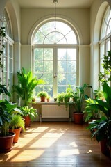 Bright, airy sunroom filled with lush plants and large windows, architecture, relaxation