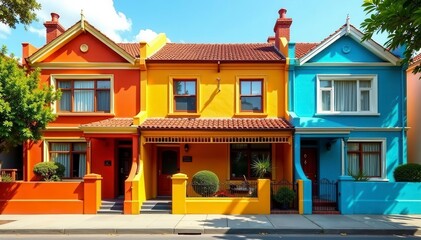 Sunny Melbourne terrace houses, vibrant facade , australia, day, window