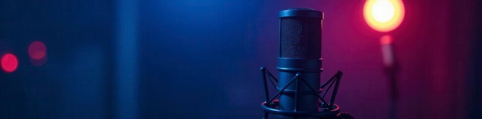 Blue-lit condenser microphone in recording booth,  shock mount,  mic