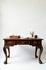Aged wooden writing desk, intricate details, white backdrop, antique, roll top desk