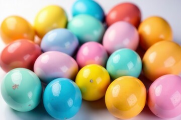 Close-up of multicolored shiny Easter eggs on white , colorful, vibrant