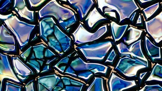 Explore calming mosaic pattern cool blue green tones highlighted gentle light flares resembling stained glass art soothing abstract design