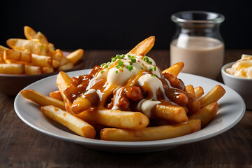 Poutine Platter a tempting plate of poutine is served, with golden fries, savory gravy, and creamy cheese curds. This photorealistic image offers a close-up view, ideal for any food-related concept.