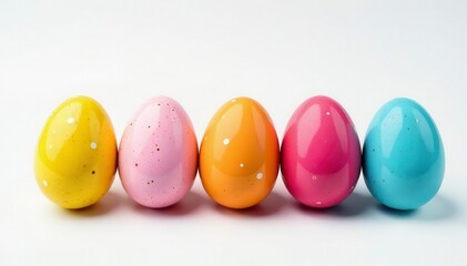Vibrant painted eggs, speckled & solid colors, white backdrop, religious, painted