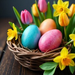 Vibrant dyed eggs nestled amongst tulips and daffodils , beautiful, Easter