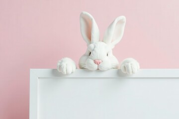 White bunny ears peeking over a blank whiteboard, presentation, sign