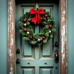 Weathered wooden door, adorned with vibrant Christmas wreath , woodgrain, old, home