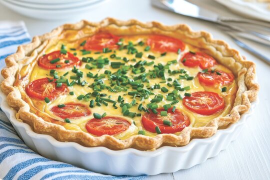 Fresh tomato and cheese tart Flaky pastry crust, creamy filling, topped with cherry tomatoes and fresh chives