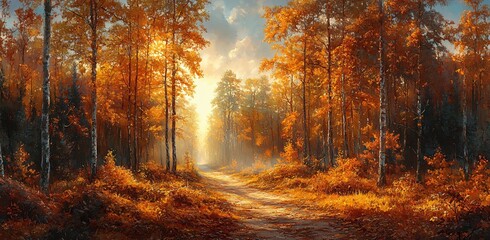Fototapeta premium Misty autumnal forest with golden sunbeams. Ideal for Thanksgiving, fall promotions, nature-themed designs. Serene landscape with copy space. Ethereal autumn glow.