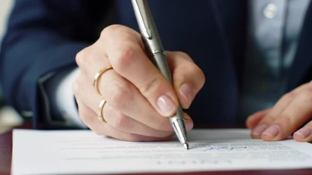 A close-up shot of a person's hand signing an official document on a wooden desk, capturing a moment of formal agreement or authorization