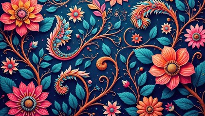 Intricate paisley floral pattern in vibrant hues, pattern, illustration