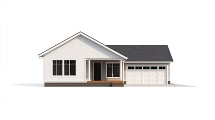 Front view of a single-story house with a garage.  Simple, modern design