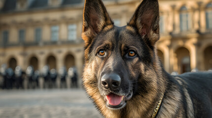 German Shepherd with Owner in Front of Palace &ndash; Security and Protection Concept
