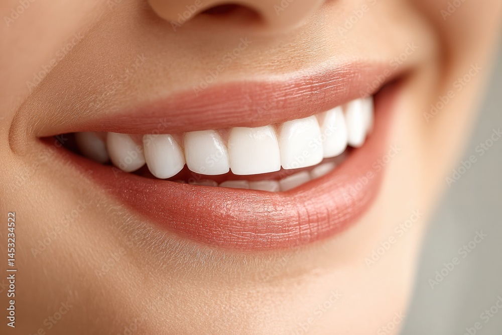 Poster Bright Smile Showcasing Tooth-Colored Crown With Soft Focus on Facial Features in a Warm, Inviting Setting Generative AI