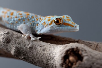 Naklejka premium Close-up of a small, light blue gecko with orange spots on a grey branch