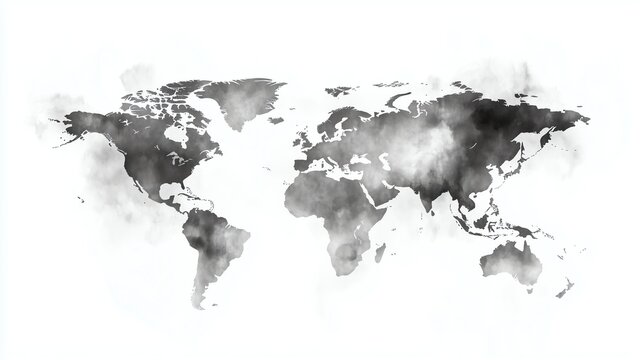 Clean grayscale world map isolated on white background, customizable for presentations or educational materials, minimalistic design with ample copy space