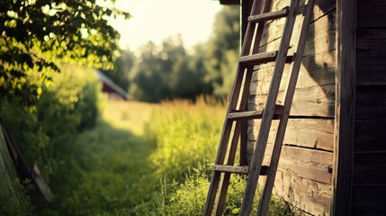Fototapeta premium A wooden ladder leans against a rustic wooden structure outside