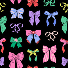 Colorful ribbon bows seamless pattern on black background. Trendy hair braiding accessory. Vector illustration. Perfect for wedding design, party decoration, gift wrapping paper and textile