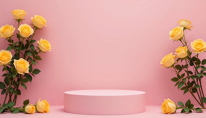 Blank podium with yelow roses on pink background. Showcase for product, perfume, jewelry and cosmetic presentation