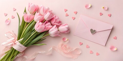 Tulips and post card. mother's day, valentine's day, International Women's Day, lilac, congratulate, celebrate