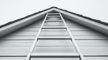 A tall metal ladder leaning against a grey gabled roof