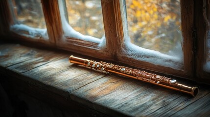 A beautiful piccolo rests on a wooden windowsill in wintertime