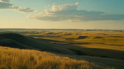 Fototapeta premium A beautiful expansive landscape shows golden fields beneath a cloudy sky