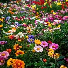 Obraz premium A vibrant field featuring a variety of colorful blooming flowers