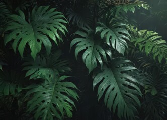 Deep shadows on vibrant jungle leaves, opulent, dark green tones,  moody,  dark