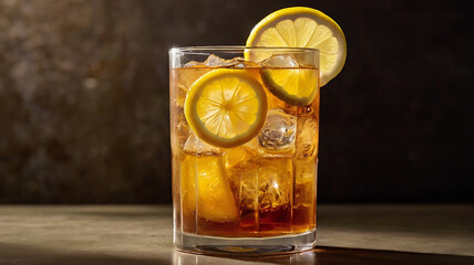 Close-up of a tall glass of amber iced tea filled with ice cubes and garnished with a bright yellow lemon slice