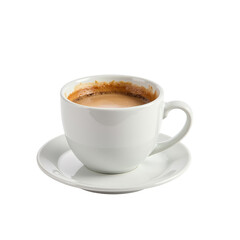 A white ceramic cup filled with a creamy beverage, placed on a matching saucer.