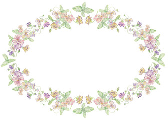 Violets flowers. Watercolor clipart illustration of oval frame flower composition on white background. For invitations, postcards, business cards. Decorating cups, dishes, other printed materials