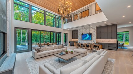 A spacious modern living room is shown with scenic outdoor views