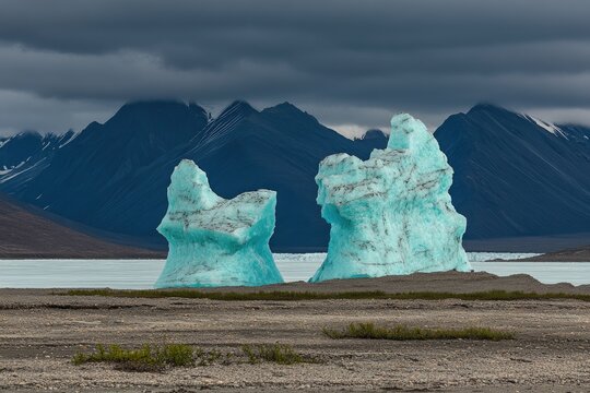 Two vibrant turquoise icebergs stand on a barren shoreline, against a backdrop of dramatic mountains and a cloudy sky