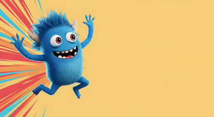 Naklejka premium Blue Cartoon Monster Jumping with Vibrant Copy Space.