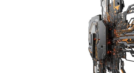 abstract technology digital hi tech subject on right side, clear copy space on left side. ,isolated on bright background, no text, ultra sharp detailed