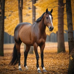 Potrait of thoroughbred Horse standing alone in the fall forest during fall season AI Generated Image