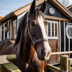 Potrait of close up silly face friesian Horse, with its master house background AI Generated Image
