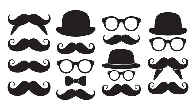 vector set of Hat, Glasses, Mustache and Bow Tie  black and white silhouette on white background. Father's day icon set