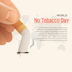 Vector illustration for World No Tobacco Day with a hand extinguishing a cigarette against a world map background. Ideal for anti-smoking campaigns, healthcare awareness, or public health education