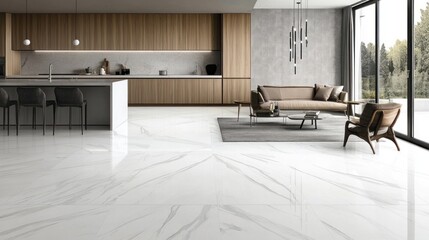 A modern and spacious interior shows the kitchen and lounge areas