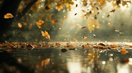 Golden autumn leaves falling on a still reflective water surface