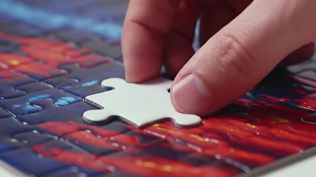 Hand placing jigsaw piece on colorful puzzle board